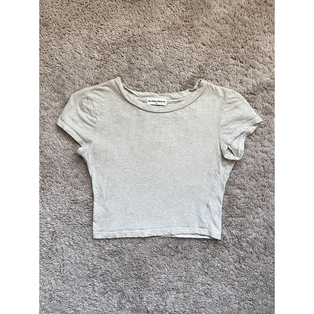 My Mum Made It Pointelle Crop Baby Tee in Heather Beige Size XS